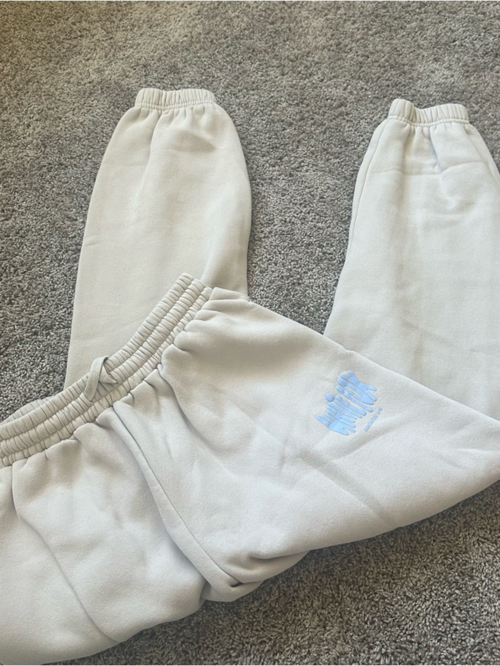 White Fox Boutique Cream Track Joggers with Light Blue Logo